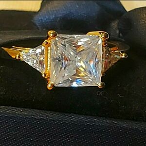 NWT Authentic Moissanite Trilogy Ring Yellow Gold Over Sterling Silver 3.15 ctw